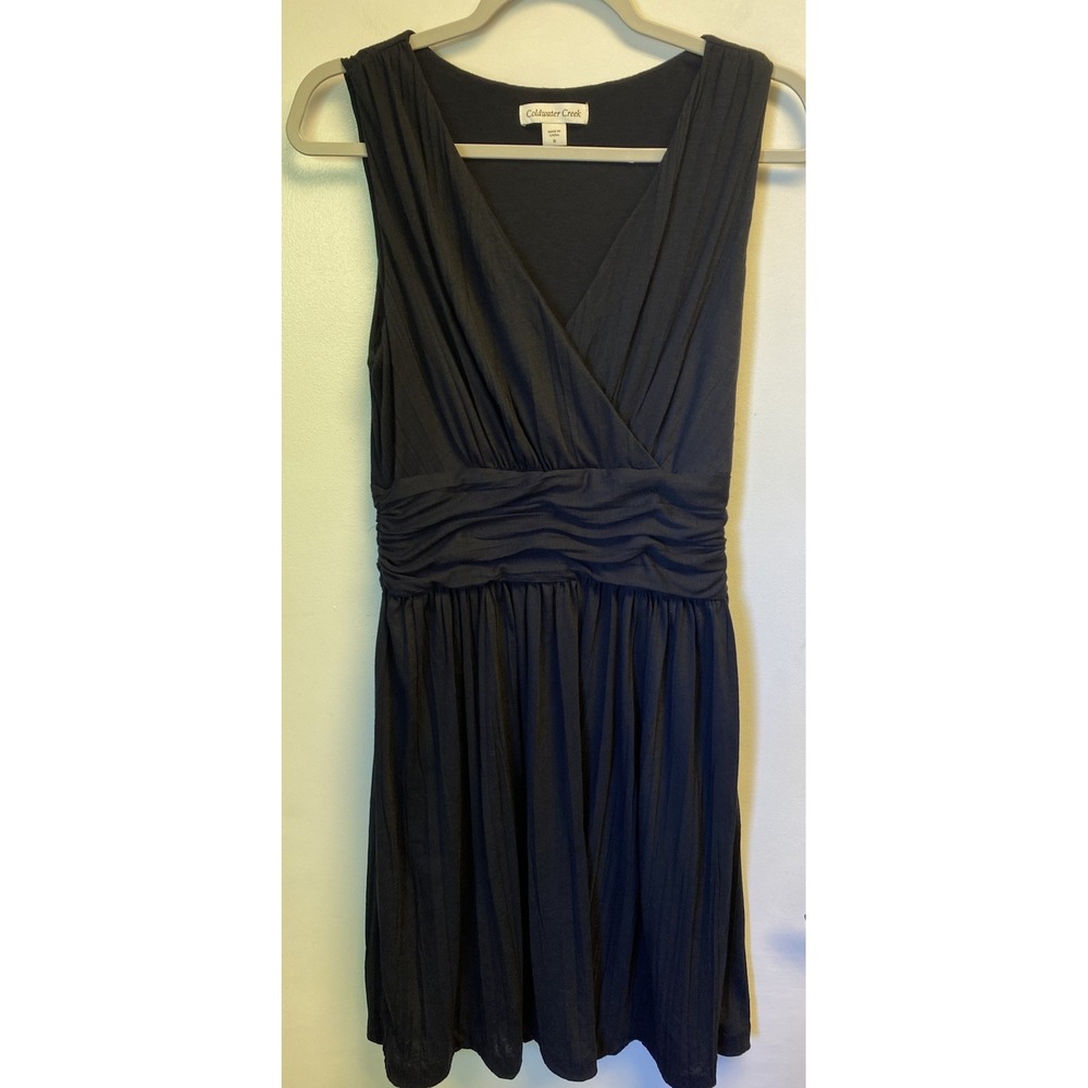 COLDWATER CREEK  A-Line Dress V-Neck Faux Wrap Sleeveless Black Midi Size 8
